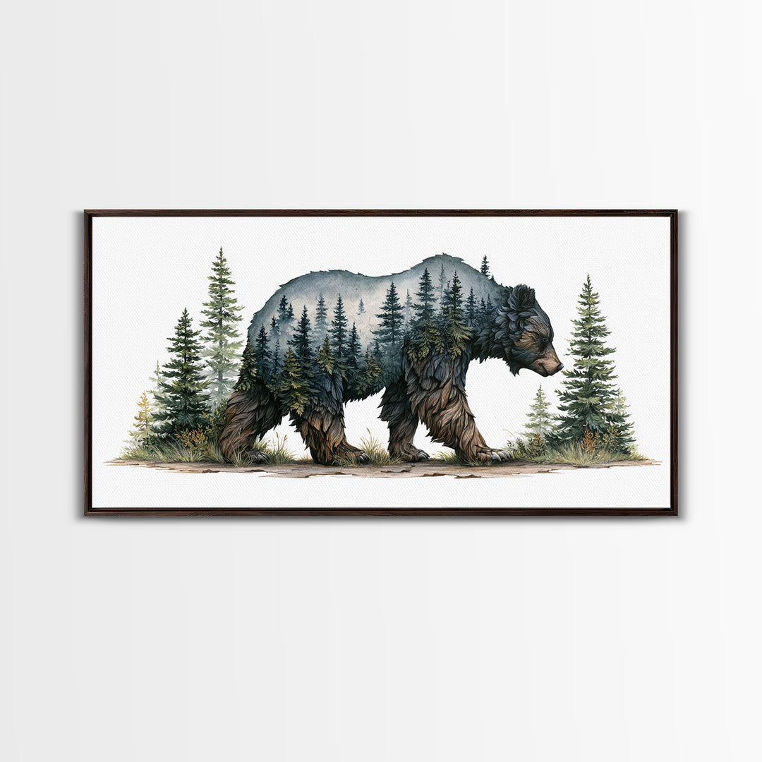 Bear Silhouette Among Pine Trees Framed Canvas Print, Rustic Art, Farmhouse Decor, Watercolor Art, Rustic, Gallery Wall Art, RUS-2x1-51