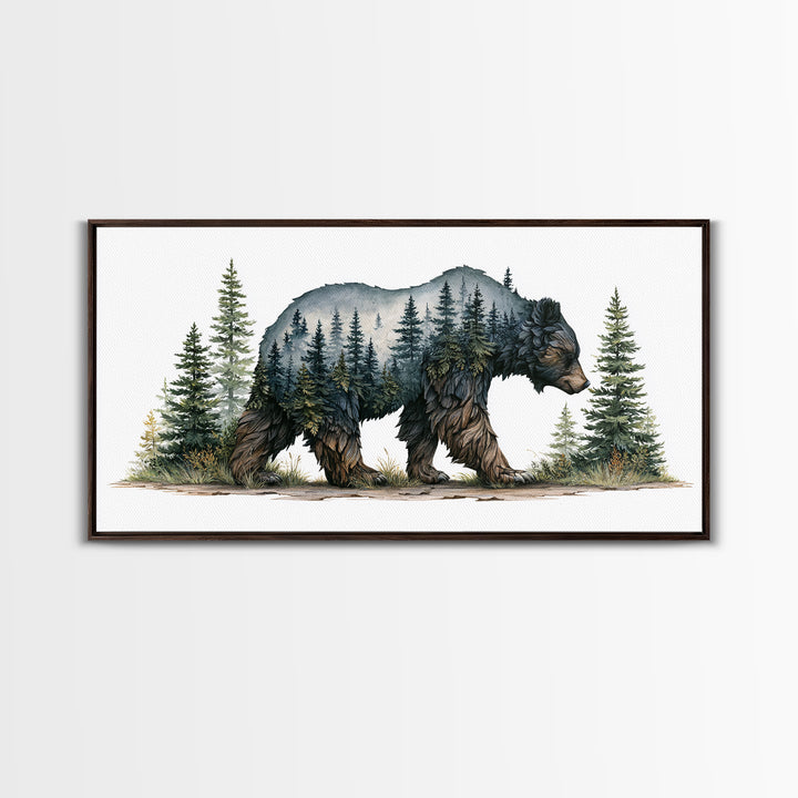 Bear Silhouette Among Pine Trees Framed Canvas Print, Rustic Art, Farmhouse Decor, Watercolor Art, Rustic, Gallery Wall Art, RUS-2x1-51