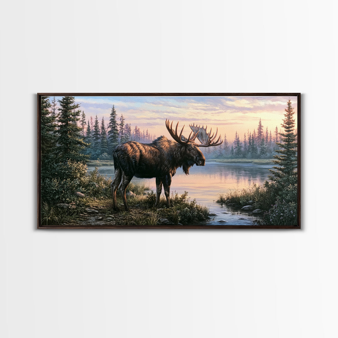 Moose Standing by a Quiet Lake Canvas Print, Rustic Art, Oil Painting, Farmhouse Decor, Fine Art, Rustic, Modern Art, RUS-2x1-53