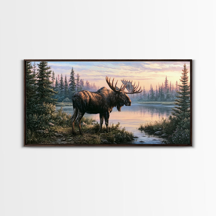 Moose Standing by a Quiet Lake Canvas Print, Rustic Art, Oil Painting, Farmhouse Decor, Fine Art, Rustic, Modern Art, RUS-2x1-53