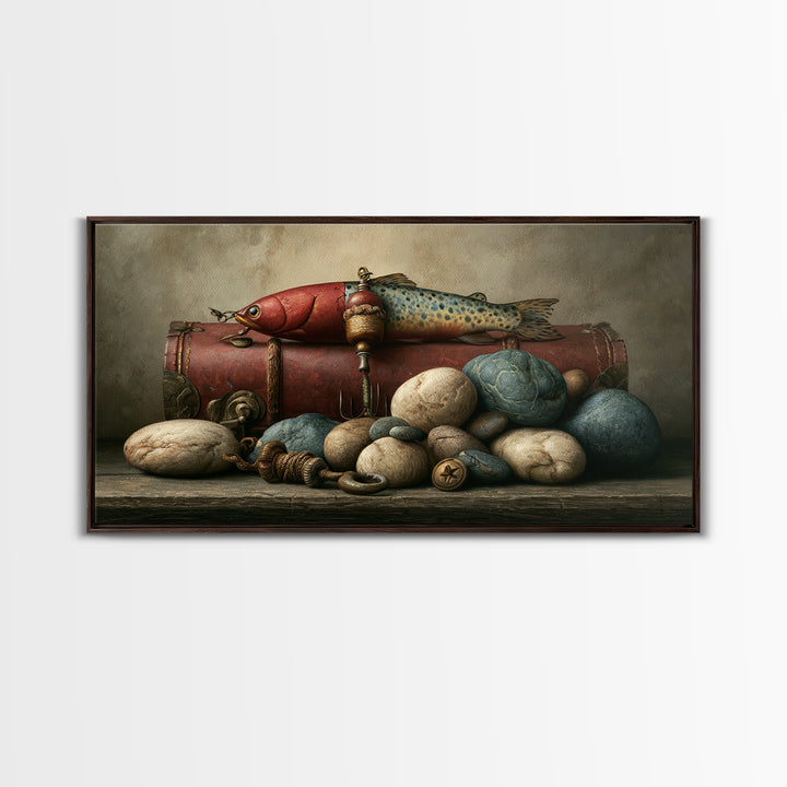 Trout Fishing Lure and River Stones Canvas Print, Rustic Art, Wall Art, Farmhouse Decor, Fine Art, Rustic, Living Room Decor, RUS-2x1-58