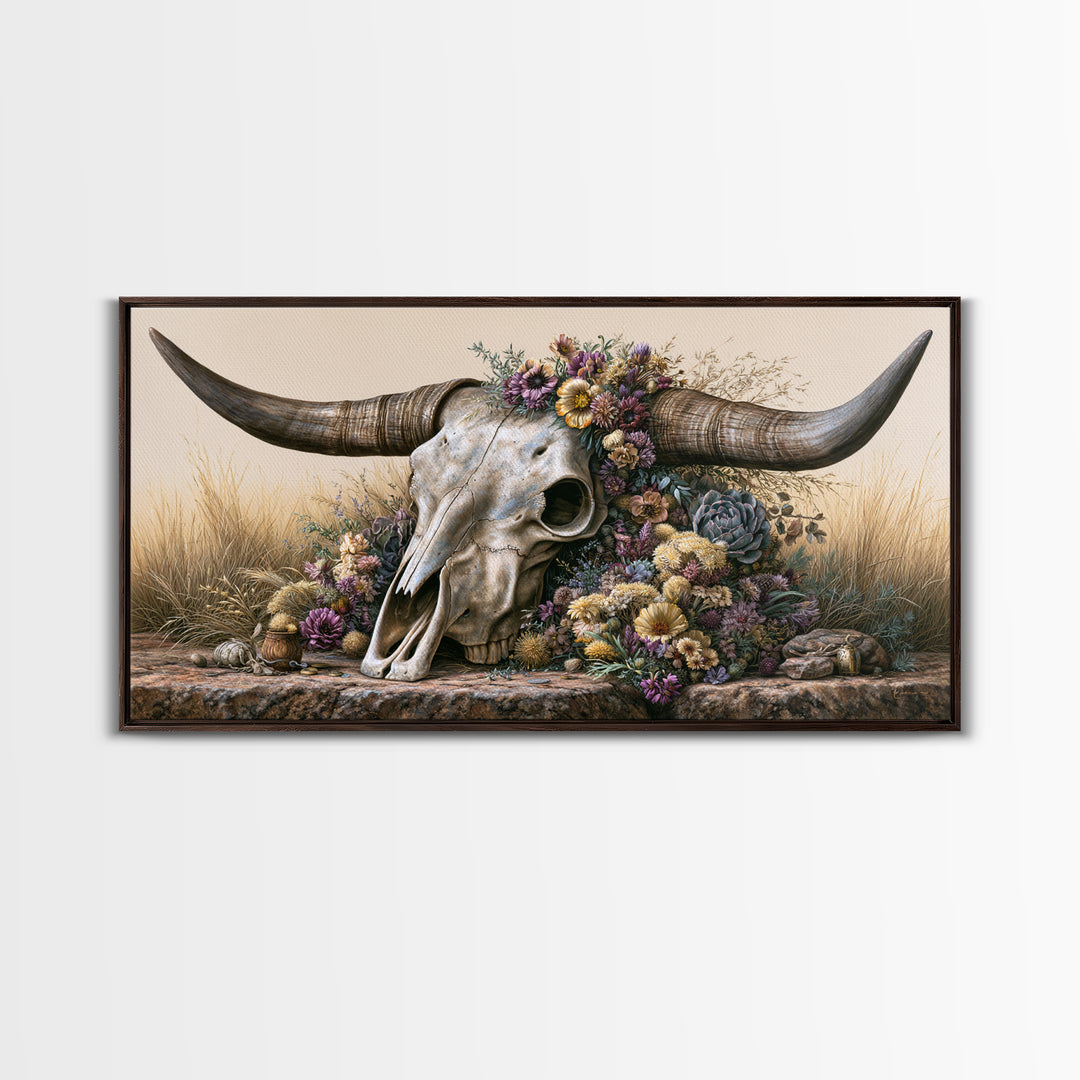 Cow Skull with Desert Flowers Canvas Print, Rustic Art, Digital Prints, Farmhouse Decor, Fine Art, Rustic, 3d Wall Art, RUS-2x1-61
