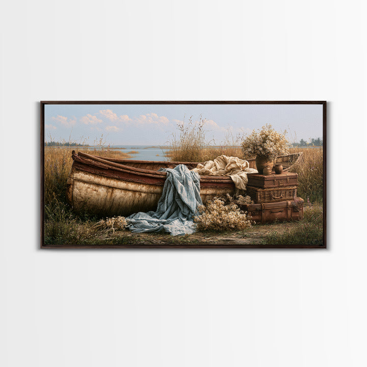 Old Canoe Pulled Onto a Lake Shore Canvas Print, Rustic Art, Printable Wall Art, Farmhouse Decor, Oil Painting, Rustic, RUS-2x1-64