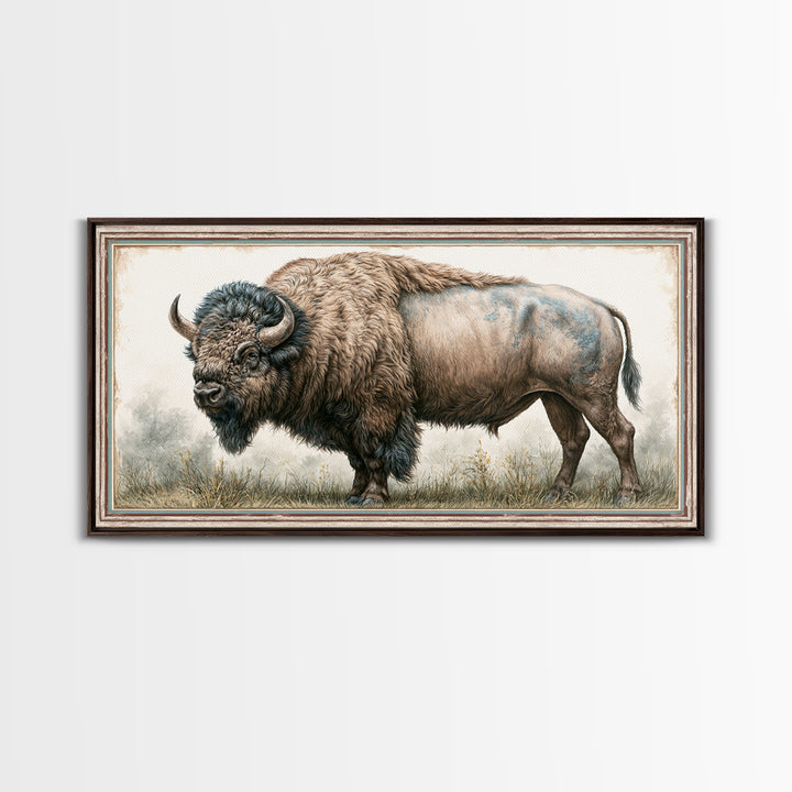 Buffalo Portrait with Western Texture Canvas Print, Rustic Art, Textured Painting, Farmhouse Decor, Fine Art, Rustic, RUS-2x1-66