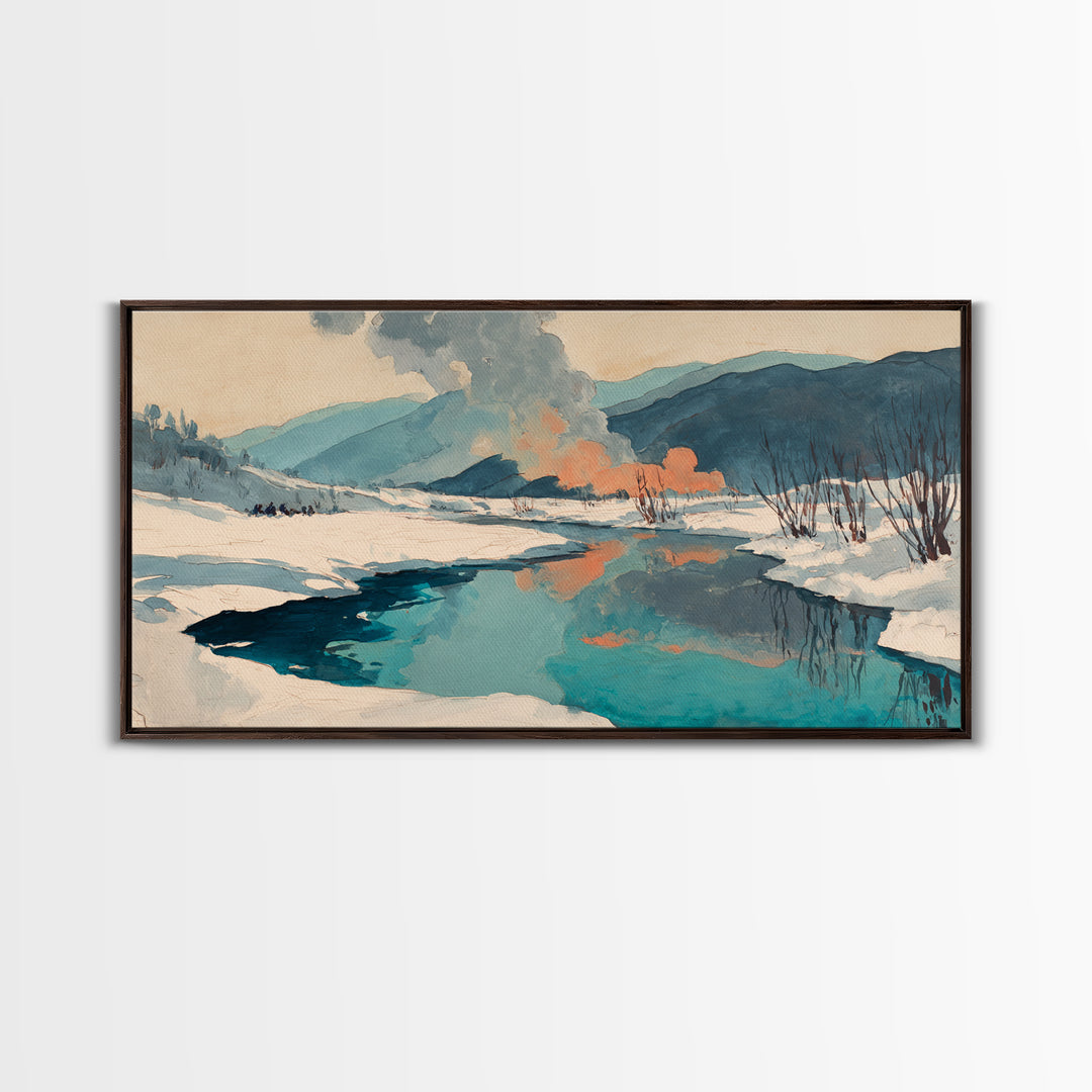 Winter Mountain Scene Framed Canvas Print, Rustic Art, Downloadable Art, Farmhouse Decor, Fine Art, Rustic, Textured Painting, RUS-2x1-67
