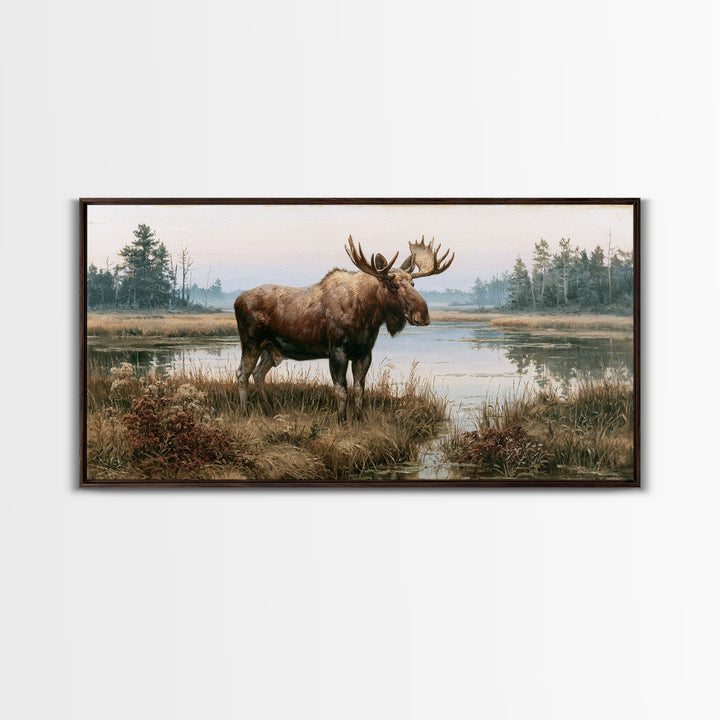 Moose Standing by a Quiet Lake Canvas Print, Rustic Art, Oil Painting, Farmhouse Decor, Fine Art, Rustic, Modern Art, RUS-2x1-77