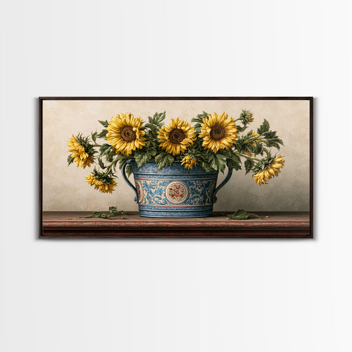 Sunflowers in a Metal Bucket Framed Canvas Print, Rustic Art, 3d Wall Art, Farmhouse Decor, Oil Painting, Rustic, RUS-2x1-80