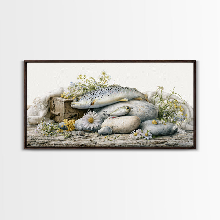 Trout Fishing Lure and River Stones Canvas Print, Rustic Art, Wall Art, Farmhouse Decor, Fine Art, Rustic, Living Room Decor, RUS-2x1-82