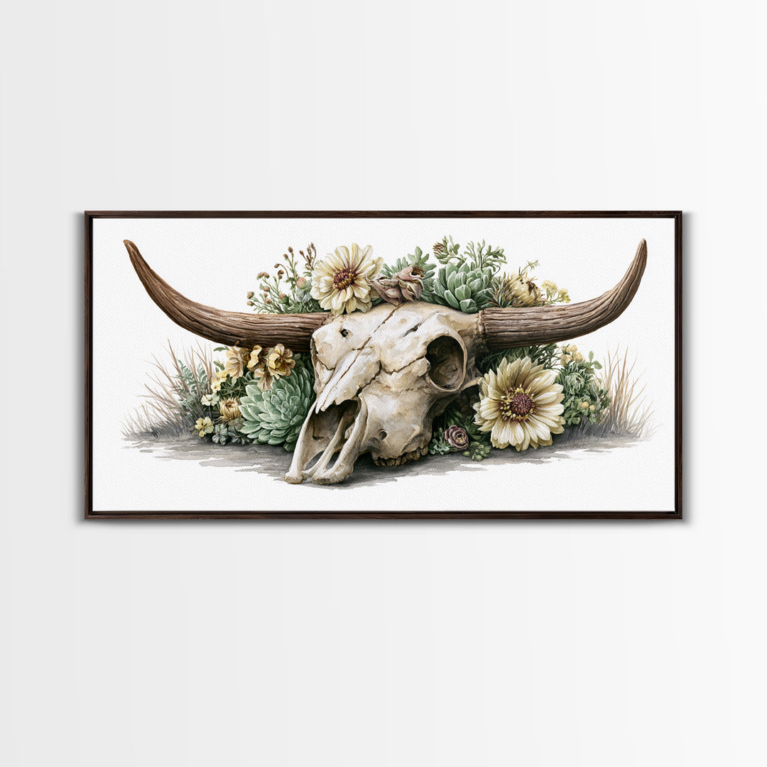 Cow Skull with Desert Flowers Framed Canvas Print, Rustic Art, Wood Wall Art, Farmhouse Decor, Rustic, Eclectic Wall Art, RUS-2x1-85