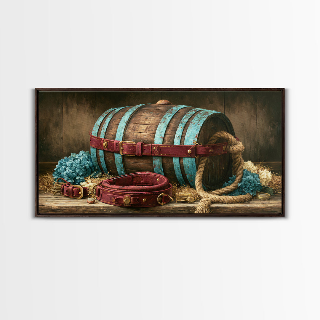 Whiskey Barrel and Leather Still Life Framed Canvas Print, Rustic Art, Landscape Painting, Farmhouse Decor, Fine Art, Rustic, RUS-2x1-87