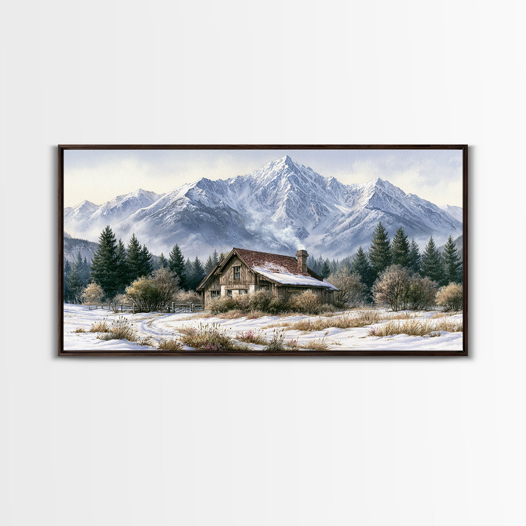 Winter Mountain Scene Framed Canvas Print, Rustic Art, Printable Wall Art, Farmhouse Decor, Watercolor Art, Rustic, Wood Art, RUS-2x1-91