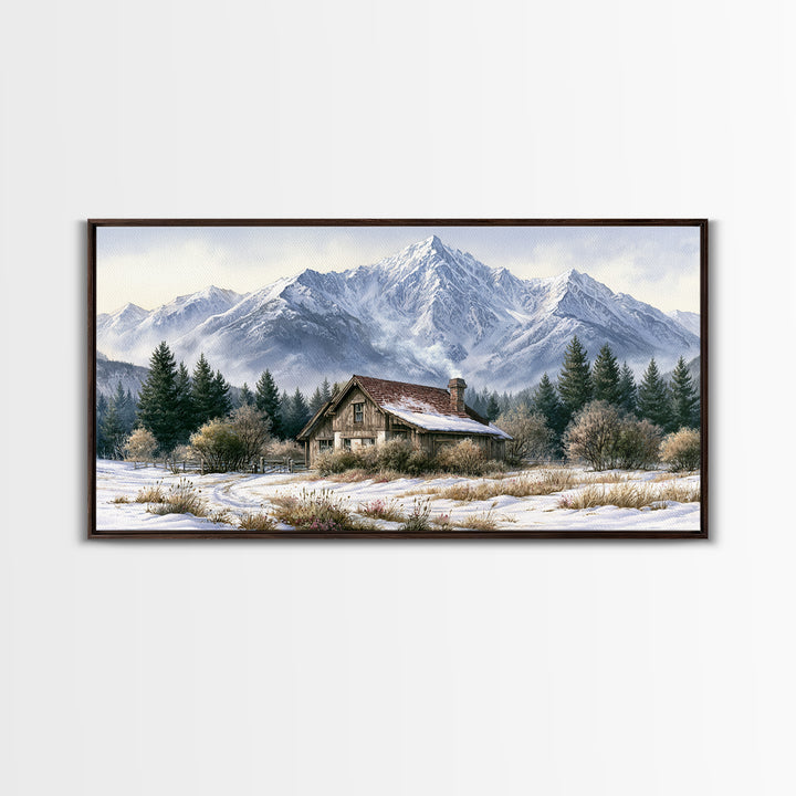 Winter Mountain Scene Framed Canvas Print, Rustic Art, Printable Wall Art, Farmhouse Decor, Watercolor Art, Rustic, Wood Art, RUS-2x1-91