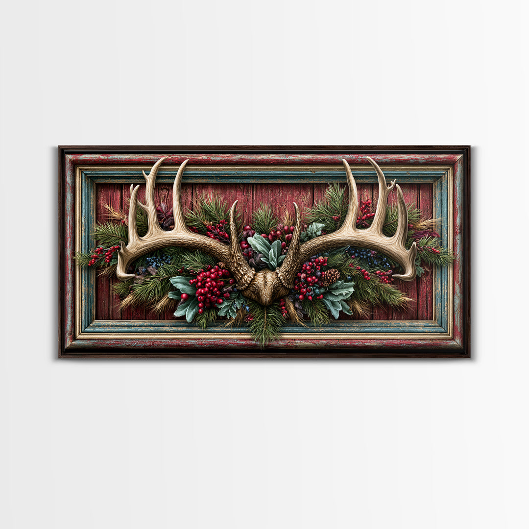 Deer Antlers with Pine Branches and Berries Canvas Print, Rustic Art, Painting, Farmhouse Decor, Oil Painting, Rustic, RUS-2x1-94