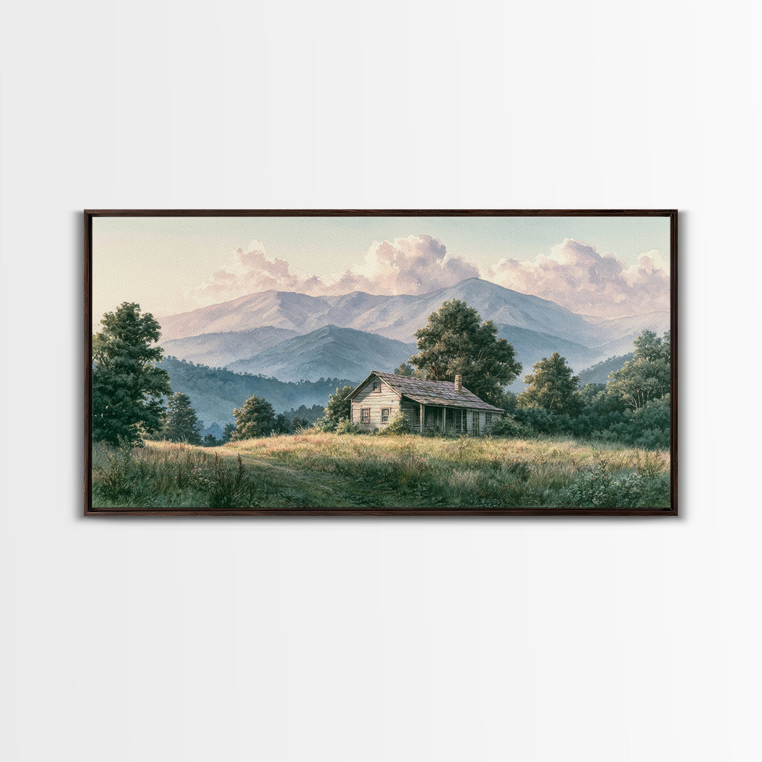 Mountain Cabin Landscape Framed Canvas Print, Rustic Art, Living Room Art, Farmhouse Decor, Oil Painting, Rustic, RUS-2x1-95