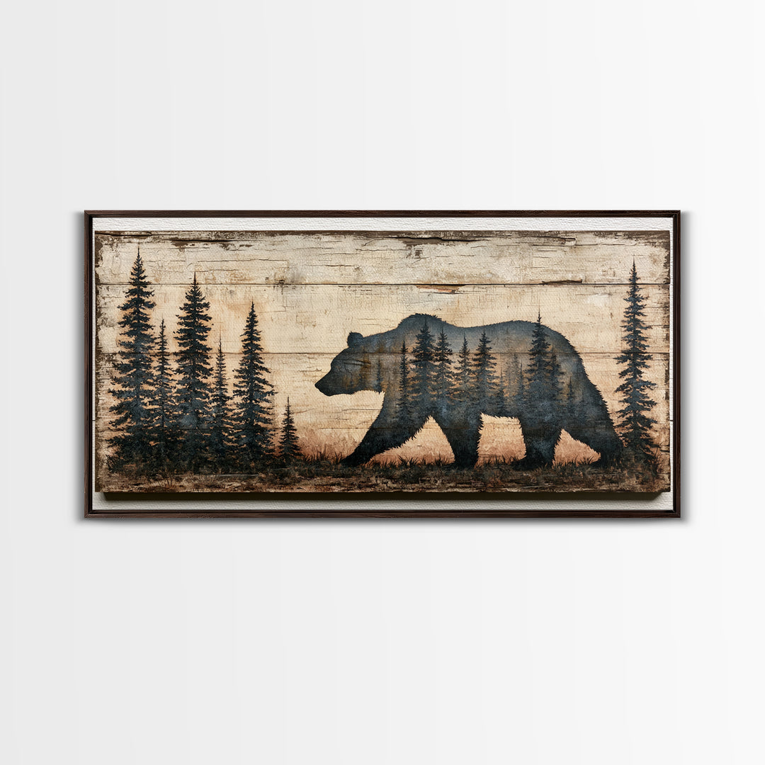 Bear Silhouette Among Pine Trees Framed Canvas Print, Rustic Art, Abstract Wall Art, Farmhouse Decor, Fine Art, Rustic, RUS-2x1-99