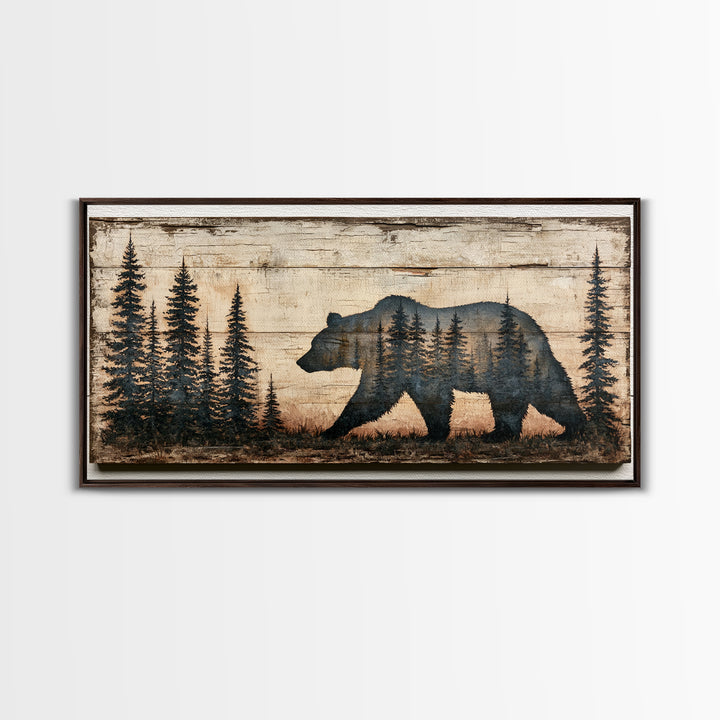 Bear Silhouette Among Pine Trees Framed Canvas Print, Rustic Art, Abstract Wall Art, Farmhouse Decor, Fine Art, Rustic, RUS-2x1-99