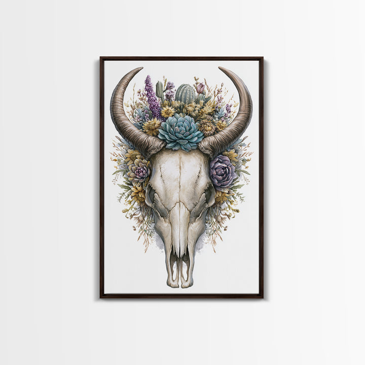 Cow Skull with Desert Flowers Framed Canvas Print, Rustic Art, Wall Art, Farmhouse Decor, Oil Painting, Rustic, RUS-2x3-1