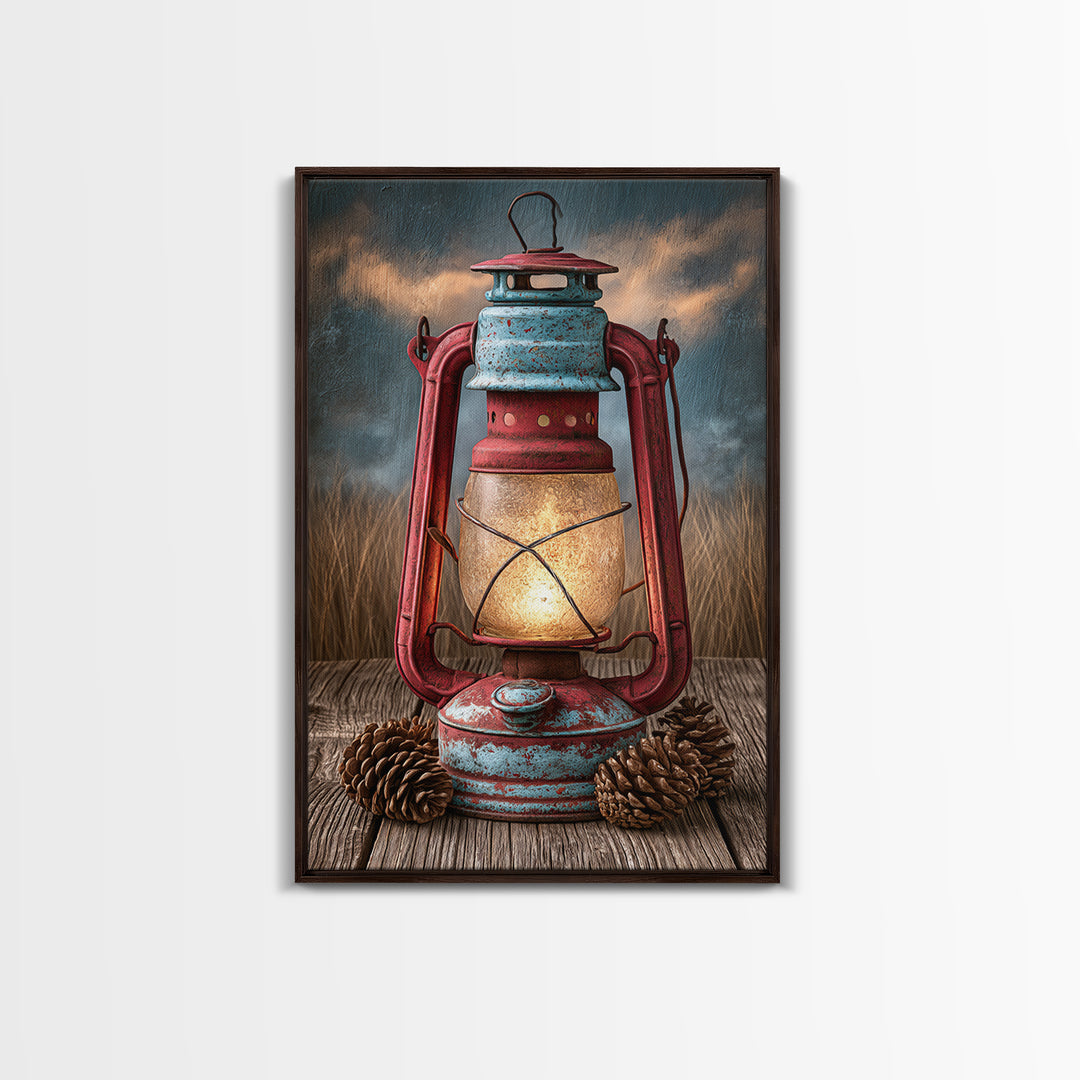 Rustic Lantern Glowing Beside Pinecones Framed Canvas Print, Rustic Art, Minimalist Decor, Farmhouse Decor, Oil Painting, RUS-2x3-12