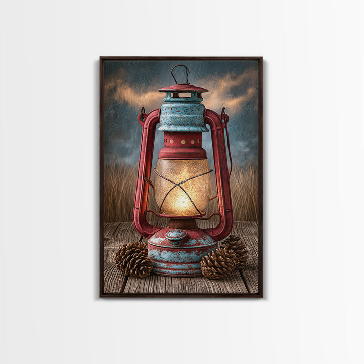 Rustic Lantern Glowing Beside Pinecones Framed Canvas Print, Rustic Art, Minimalist Decor, Farmhouse Decor, Oil Painting, RUS-2x3-12