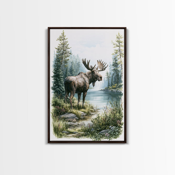 Moose Standing by a Quiet Lake Framed Canvas Print, Rustic Art, Digital Prints, Farmhouse Decor, Fine Art, Rustic, 3d Wall Art, RUS-2x3-17
