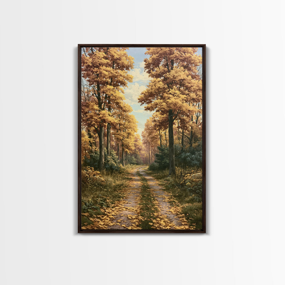 Forest Path with Golden Autumn Leaves Framed Canvas Print, Rustic Art, Statement Artwork, Farmhouse Decor, Fine Art, Rustic, RUS-2x3-2