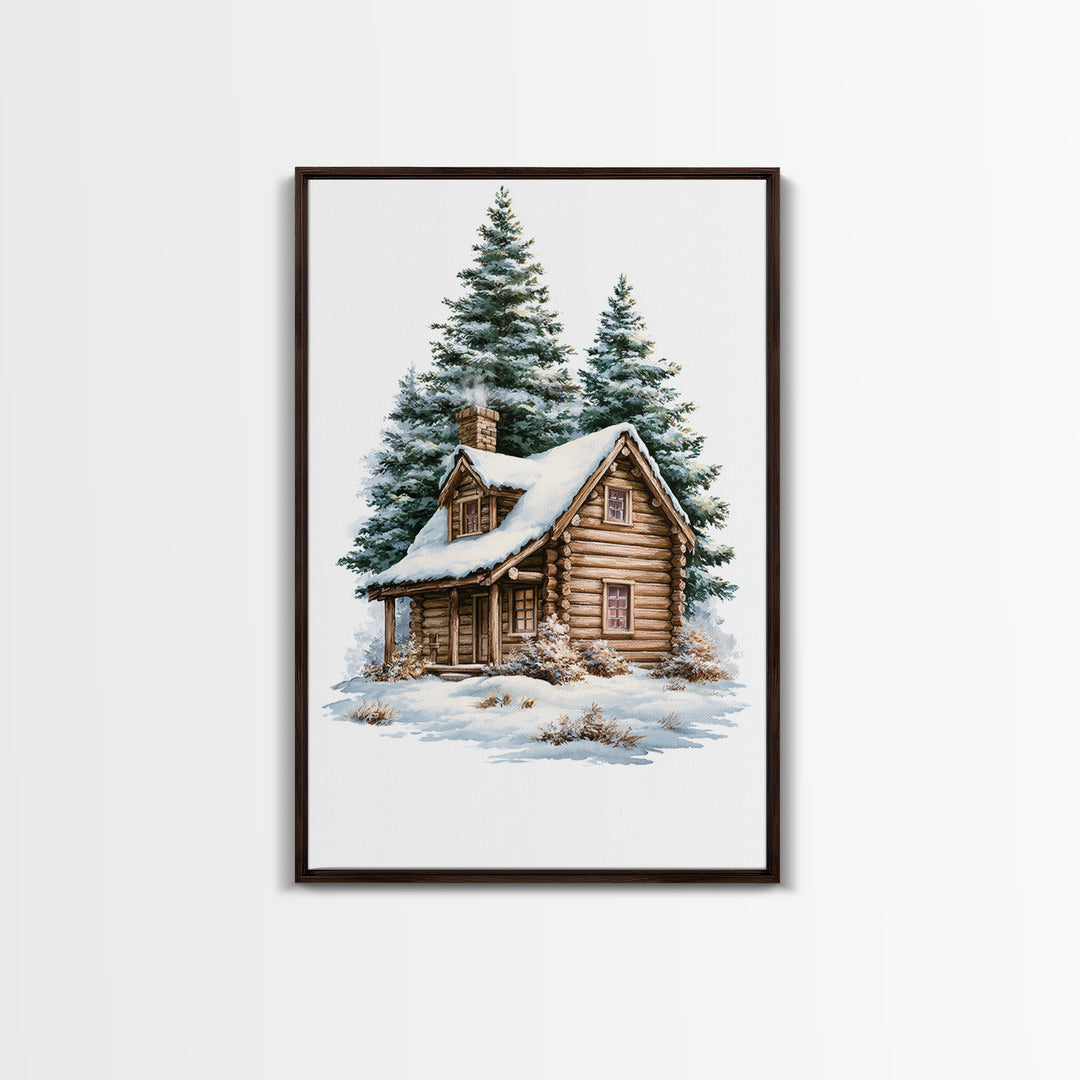 Log Cabin with Snowy Pines Canvas Print, Rustic Art, Luxury Decor, Farmhouse Decor, Fine Art, Rustic, Printable Wall Art, RUS-2x3-23