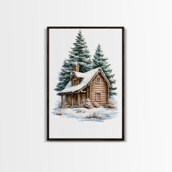 Log Cabin with Snowy Pines Canvas Print, Rustic Art, Luxury Decor, Farmhouse Decor, Fine Art, Rustic, Printable Wall Art, RUS-2x3-23