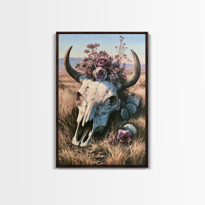 Cow Skull with Desert Flowers Framed Canvas Print, Rustic Art, Wall Art, Farmhouse Decor, Oil Painting, Rustic, RUS-2x3-25