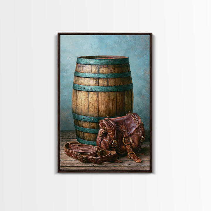 Whiskey Barrel and Leather Still Life Framed Canvas Print, Rustic Art, Downloadable Art, Farmhouse Decor, Fine Art, Rustic, RUS-2x3-3