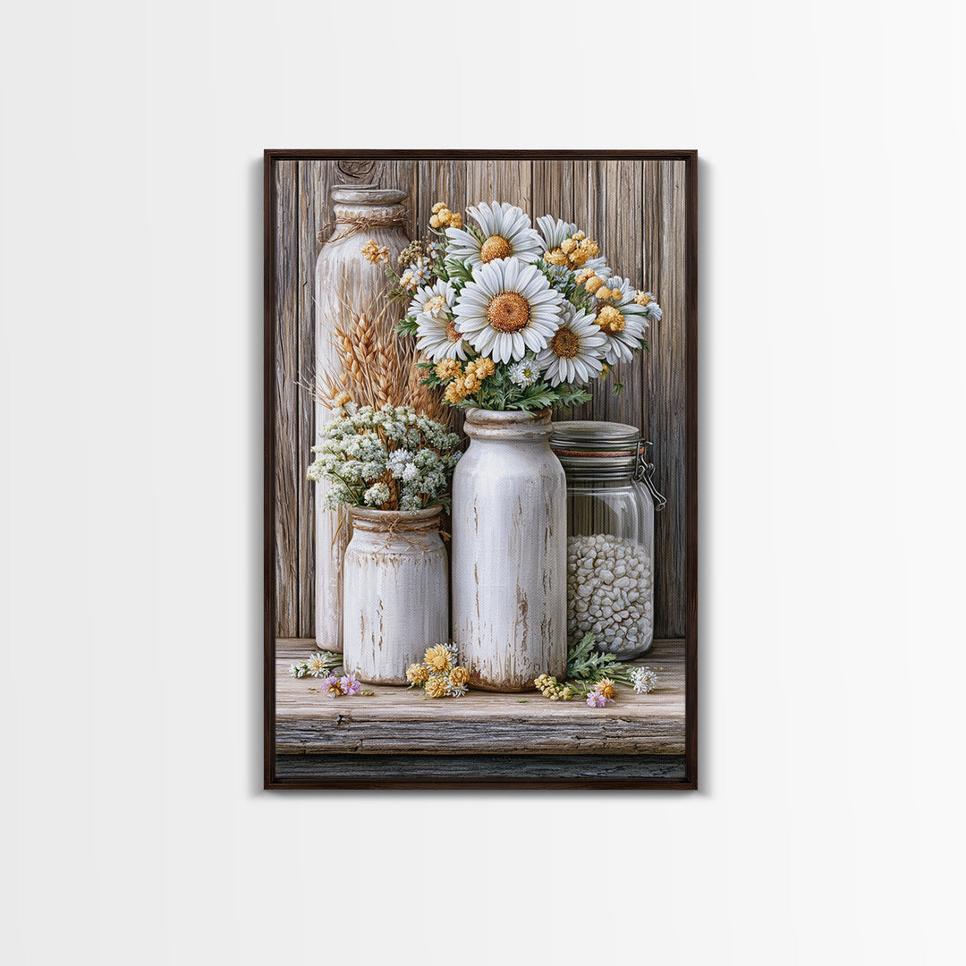 Weathered Barn Wood and Wildflower Still Life Framed Canvas Print, Rustic Art, Oil Painting, Farmhouse Decor, Fine Art, Rustic, RUS-2x3-33