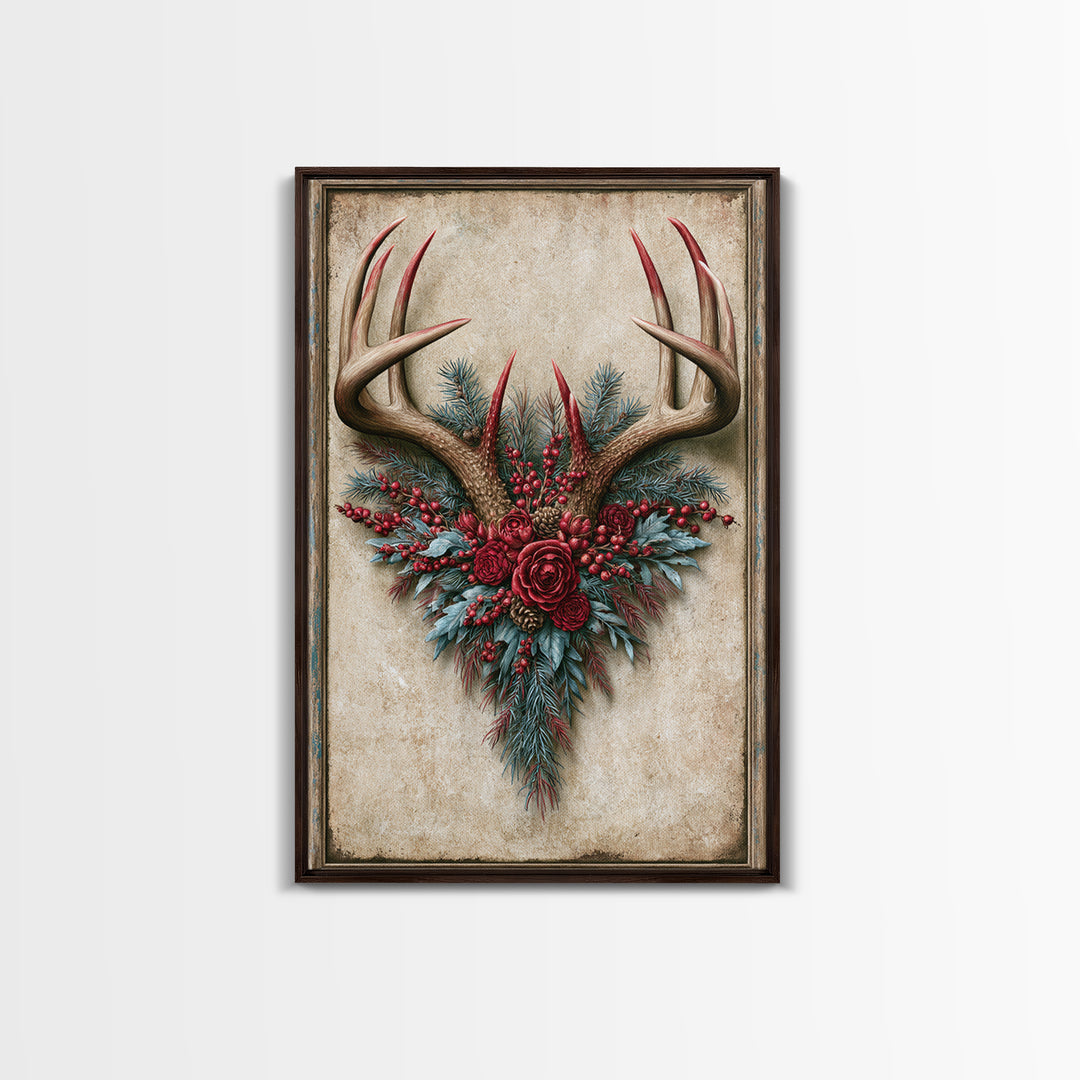Deer Antlers with Pine Branches and Berries Framed Canvas Print, Rustic Art, Farmhouse Decor, Watercolor Art, Rustic, RUS-2x3-34