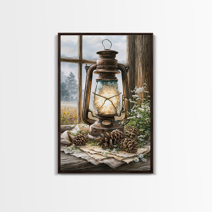 Rustic Lantern Glowing Beside Pinecones Framed Canvas Print, Rustic Art, Landscape Painting, Farmhouse Decor, Watercolor Art, RUS-2x3-36