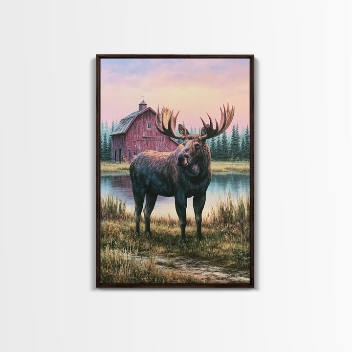 Moose Standing by a Quiet Lake Framed Canvas Print, Rustic Art, Digital Prints, Farmhouse Decor, Fine Art, Rustic, 3d Wall Art, RUS-2x3-41