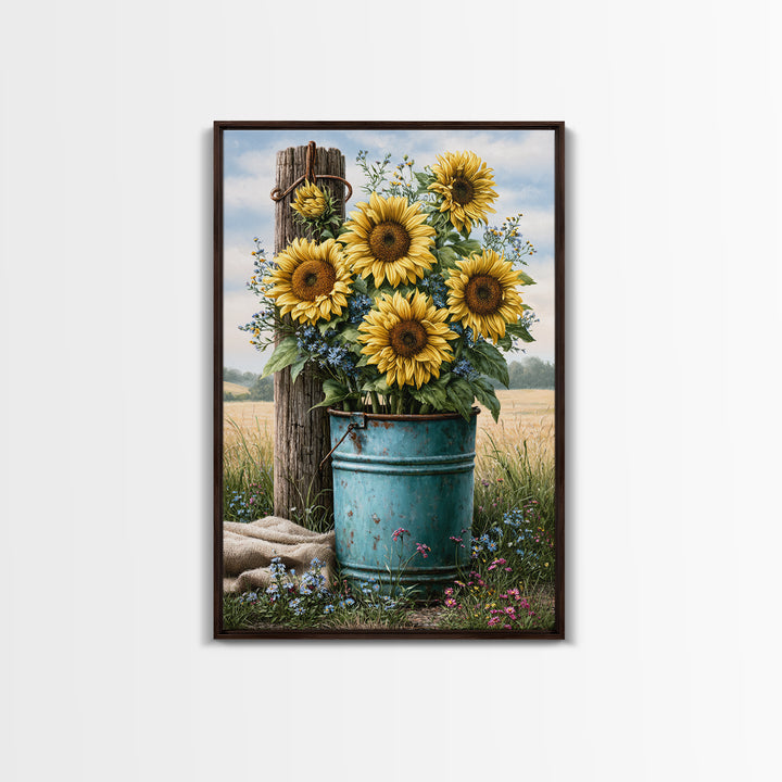 Sunflowers in a Metal Bucket Framed Canvas Print, Rustic Art, Living Room Art, Farmhouse Decor, Watercolor Art, Rustic, RUS-2x3-44