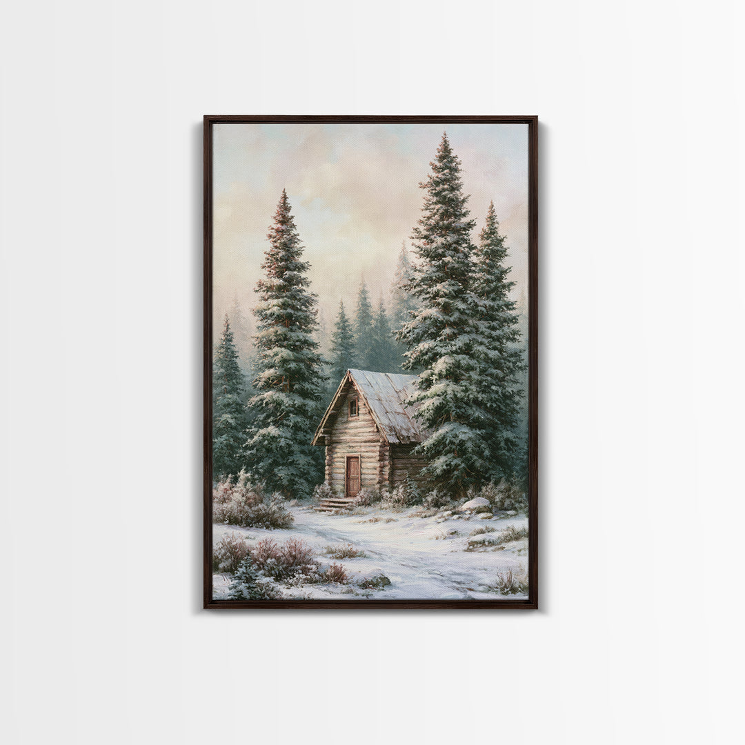 Log Cabin with Snowy Pines Framed Canvas Print, Rustic Art, Wall Art, Farmhouse Decor, Abstract Art, Rustic, Living Room Decor, RUS-2x3-47