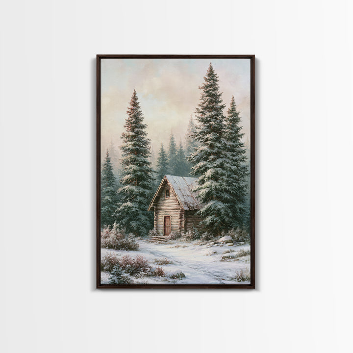 Log Cabin with Snowy Pines Framed Canvas Print, Rustic Art, Wall Art, Farmhouse Decor, Abstract Art, Rustic, Living Room Decor, RUS-2x3-47
