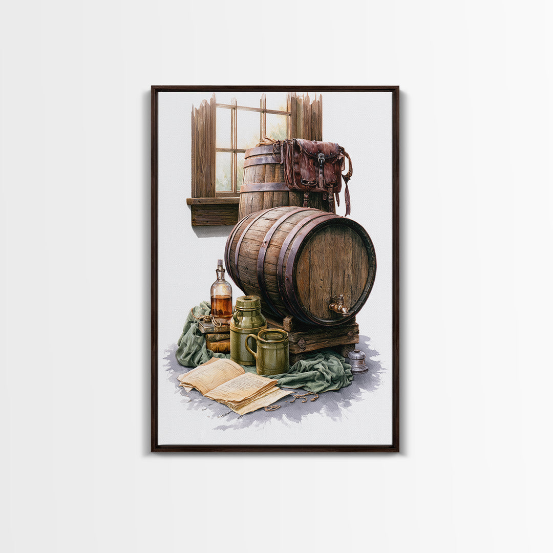 Whiskey Barrel and Leather Still Life Framed Canvas Print, Rustic Art, Room Decor, Farmhouse Decor, Oil Painting, Rustic, RUS-2x3-51