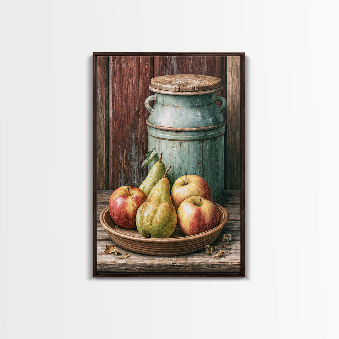 Rustic Pear and Apple Still Life Framed Canvas Print, Rustic Art, Printable Wall Art, Farmhouse Decor, Oil Painting, Rustic, RUS-2x3-53
