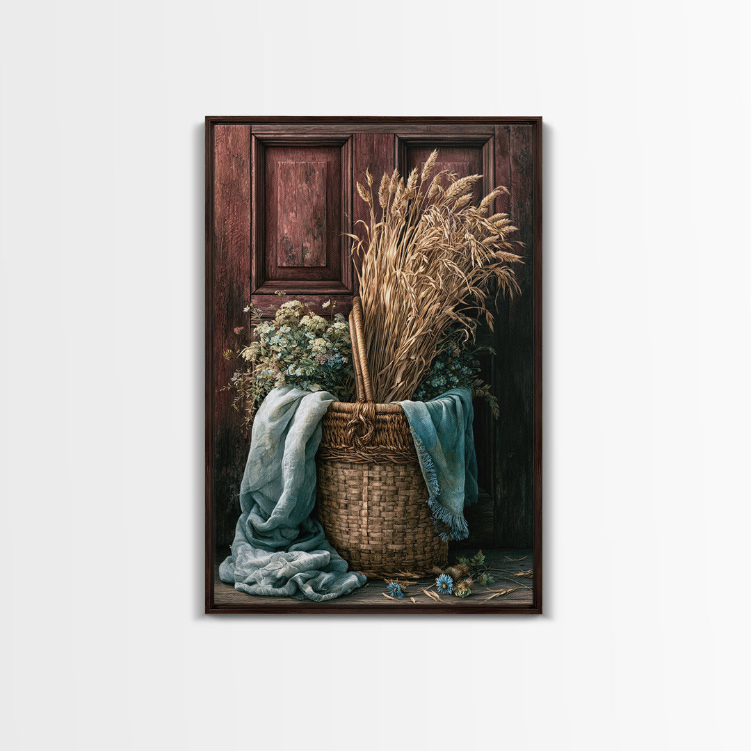 Handwoven Basket with Dried Grasses Framed Canvas Print, Rustic Art, Wall Decor, Farmhouse Decor, Abstract Art, Rustic, RUS-2x3-56