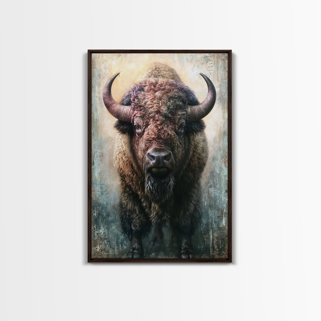 Buffalo Portrait with Western Texture Framed Canvas Print, Rustic Art, Boho Decor, Farmhouse Decor, Fine Art, Rustic, RUS-2x3-6