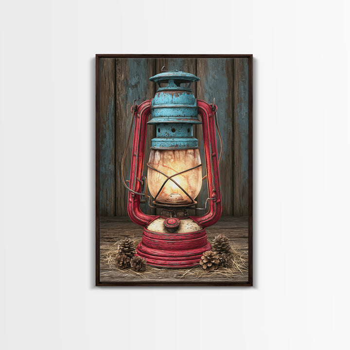 Rustic Lantern Glowing Beside Pinecones Framed Canvas Print, Rustic Art, Wall Art, Farmhouse Decor, Fine Art, Rustic, RUS-2x3-60
