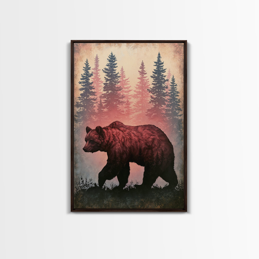 Bear Silhouette Among Pine Trees Framed Canvas Print, Rustic Art, Digital Prints, Farmhouse Decor, Watercolor Art, Rustic, RUS-2x3-63