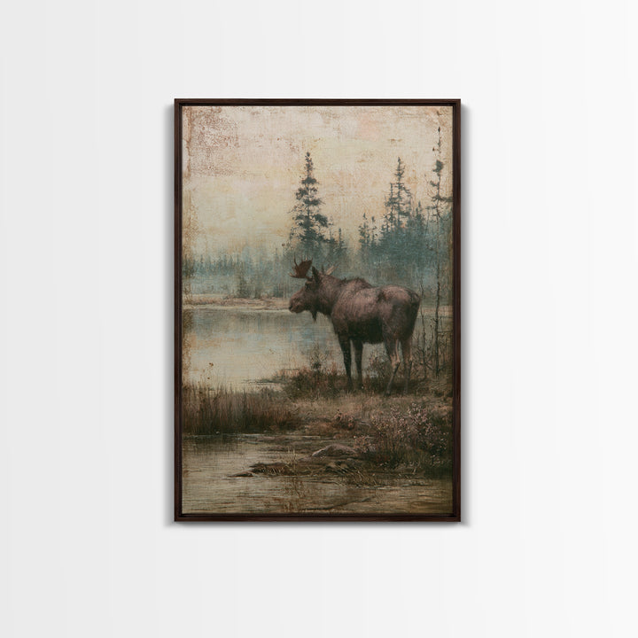 Moose Standing by a Quiet Lake Canvas Print, Rustic Art, Wood Wall Art, Farmhouse Decor, Oil Painting, Rustic, RUS-2x3-65