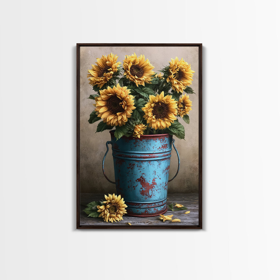 Sunflowers in a Metal Bucket Framed Canvas Print, Rustic Art, Oil Painting, Farmhouse Decor, Rustic, Modern Art, RUS-2x3-68