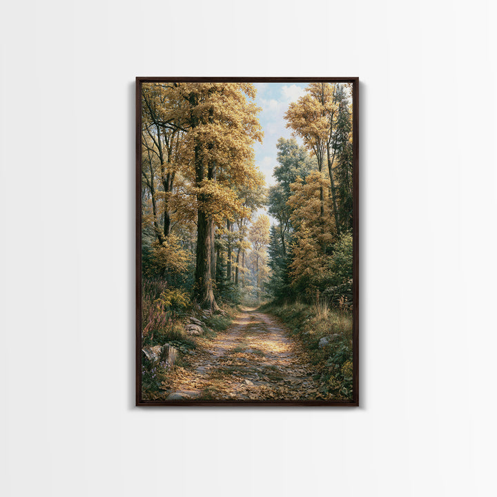 Forest Path with Golden Autumn Leaves Framed Canvas Print, Rustic Art, Painting, Farmhouse Decor, Rustic, Boho Wall Art, RUS-2x3-74