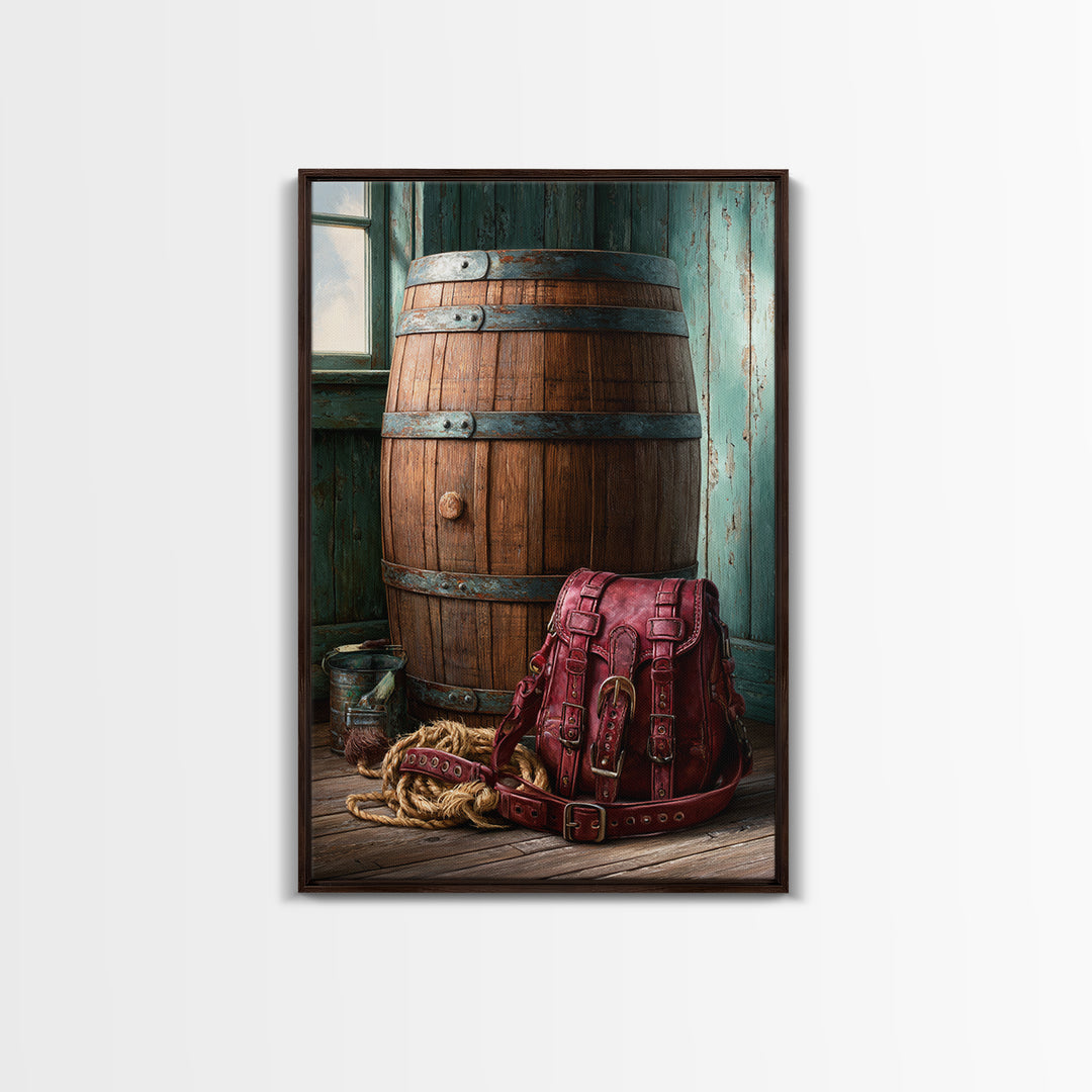 Whiskey Barrel and Leather Still Life Framed Canvas Print, Rustic Art, Printable Wall Art, Farmhouse Decor, Fine Art, Rustic, RUS-2x3-75