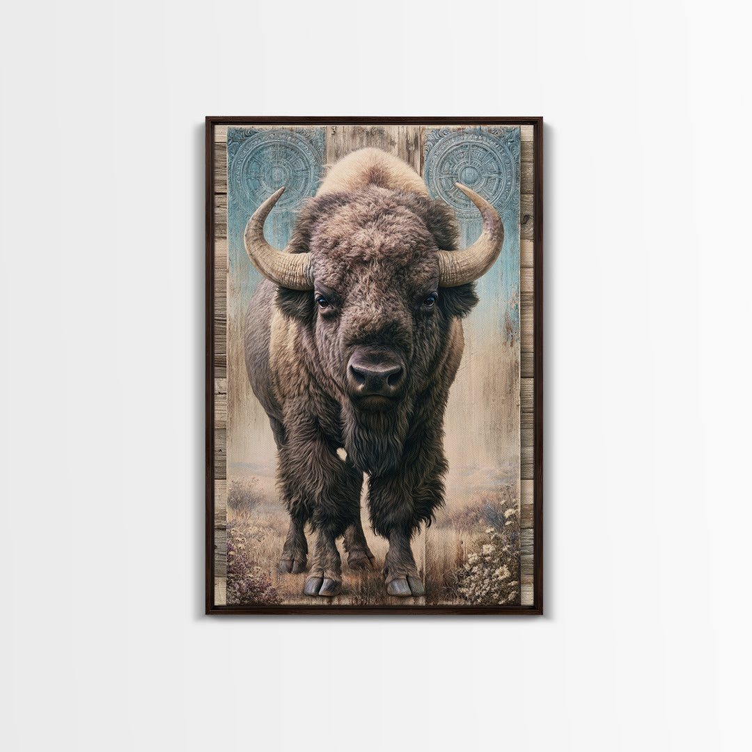 Buffalo Portrait with Western Texture Framed Canvas Print, Rustic Art, Digital Prints, Farmhouse Decor, Oil Painting, Rustic, RUS-2x3-78