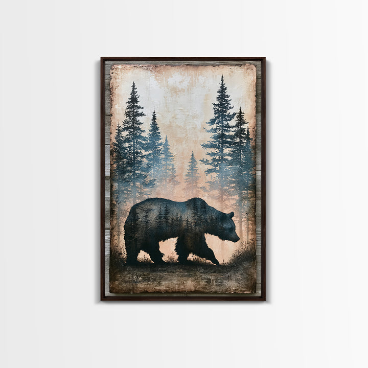 Bear Silhouette Among Pine Trees Framed Canvas Print, Rustic Art, Boho Wall Art, Farmhouse Decor, Rustic, Downloadable Art, RUS-2x3-87