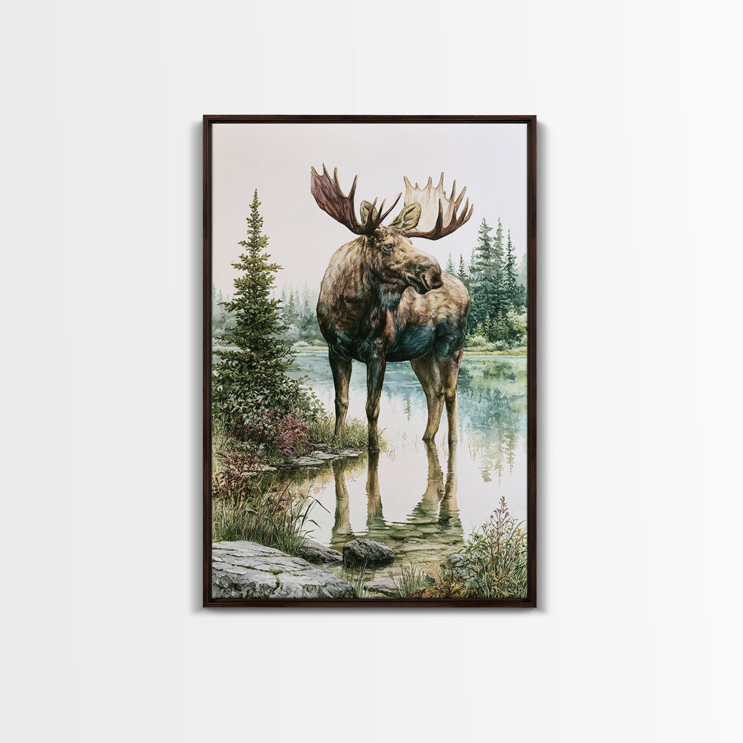 Moose Standing by a Quiet Lake Framed Canvas Print, Rustic Art, Boho Wall Art, Farmhouse Decor, Rustic, Downloadable Art, RUS-2x3-89