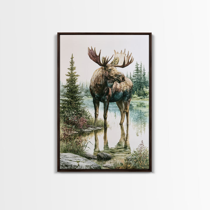 Moose Standing by a Quiet Lake Framed Canvas Print, Rustic Art, Boho Wall Art, Farmhouse Decor, Rustic, Downloadable Art, RUS-2x3-89